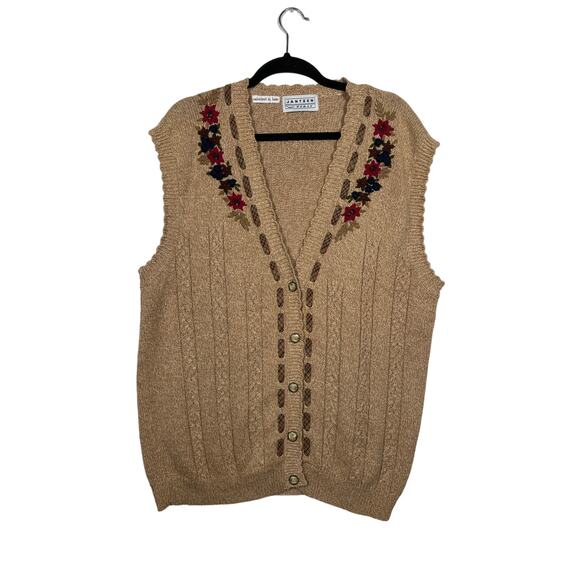 Jantzen Vintage Cable Knit Cardigan Vest Sweater Embroidered Sleeveless Tan * 2X - Picture 1 of 10